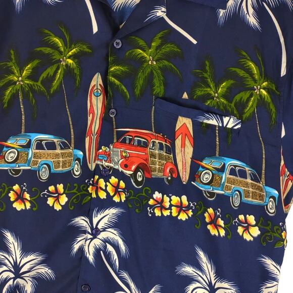 Pacific & Co Men's M Hawaiian Tropical Palms & Woody Cars Surfer Button Up Shirt - Picture 3 of 7
